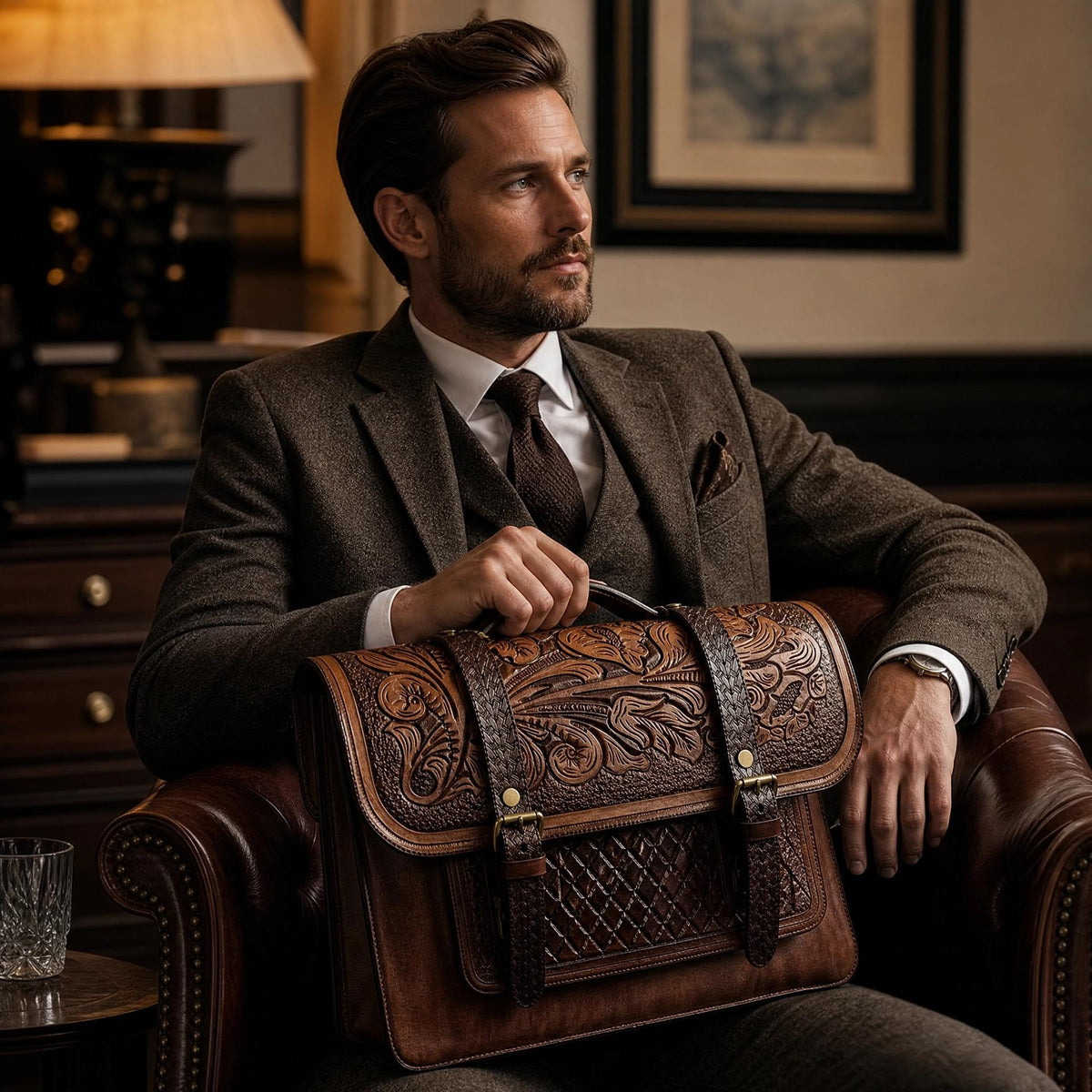 Handmade Carved Leather Laptop Bag Full Grain leather briefcase man and womens: custom bags