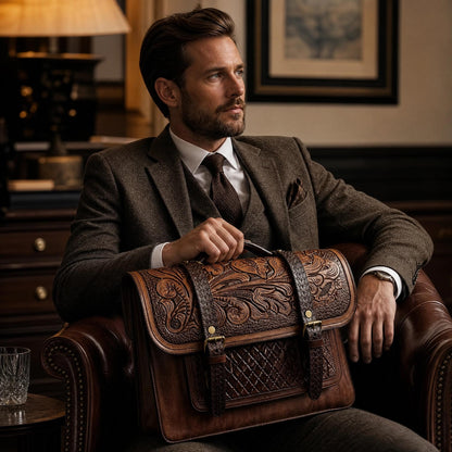 Handmade Carved Leather Laptop Bag Full Grain leather briefcase man and womens: custom bags