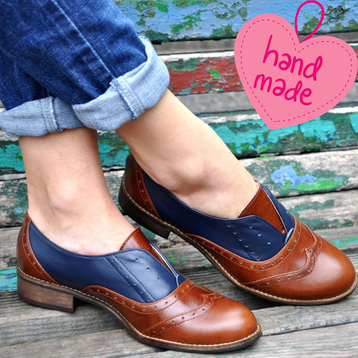 Handmade Customizable Women's Two Tone Brown & Navy Leather Oxford Shoes – womens leather Shoes
