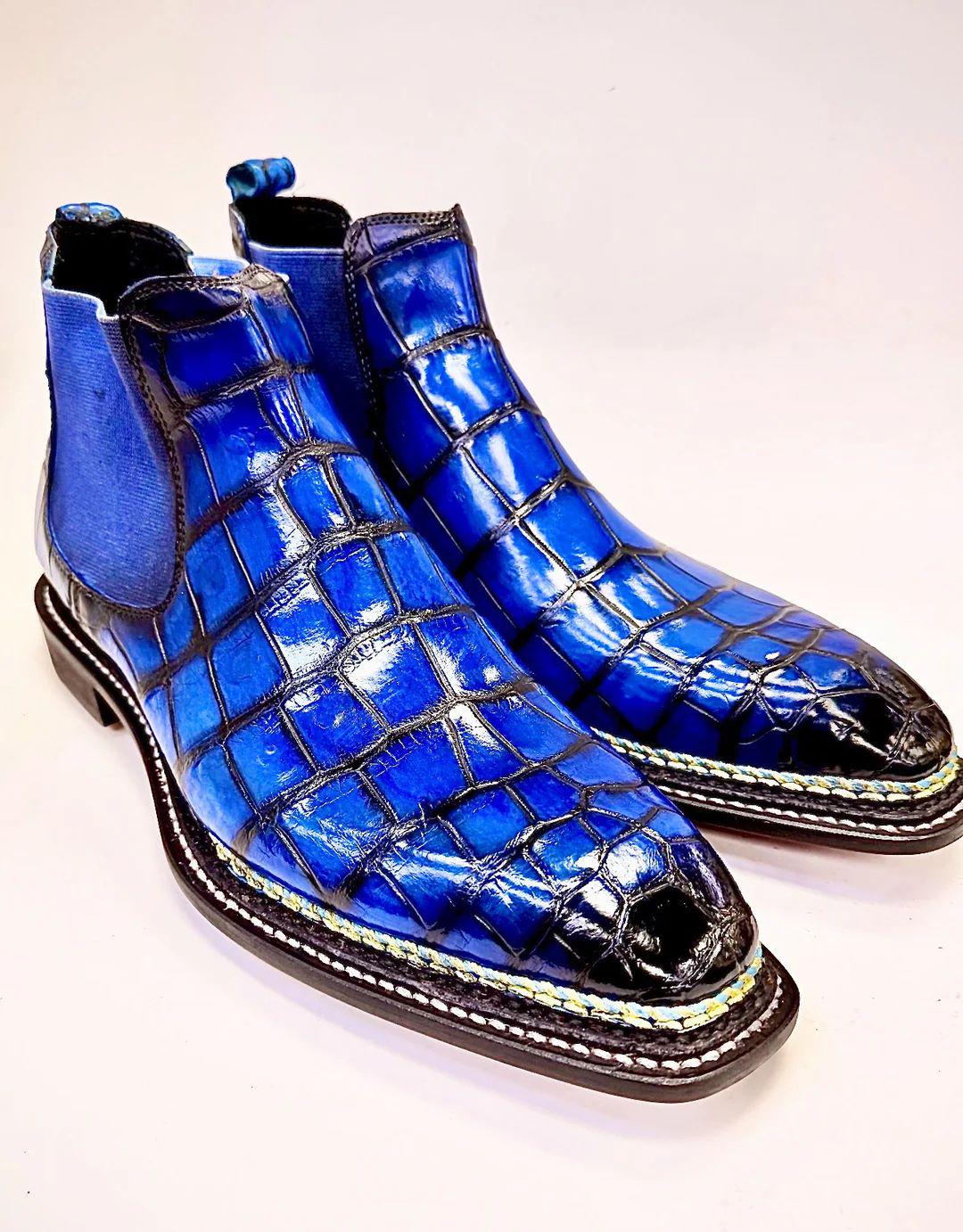 handmade Men's Patina Alligator Leather Chelsea Boots, Exotic Leather Ankle Dress shoes