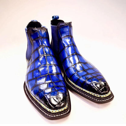 handmade Men's Patina Alligator Leather Chelsea Boots, Exotic Leather Ankle Dress shoes