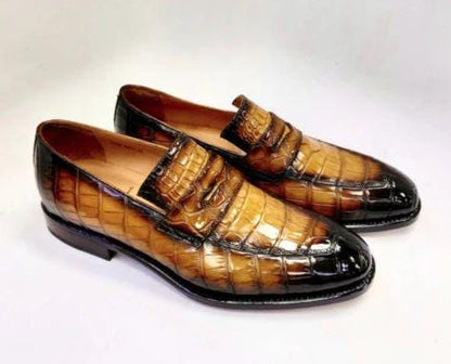 Alligator shoes Embossed Leather Loafers for Men | Cognac Brown Penny Loafers | Handmade Slip On Shoes