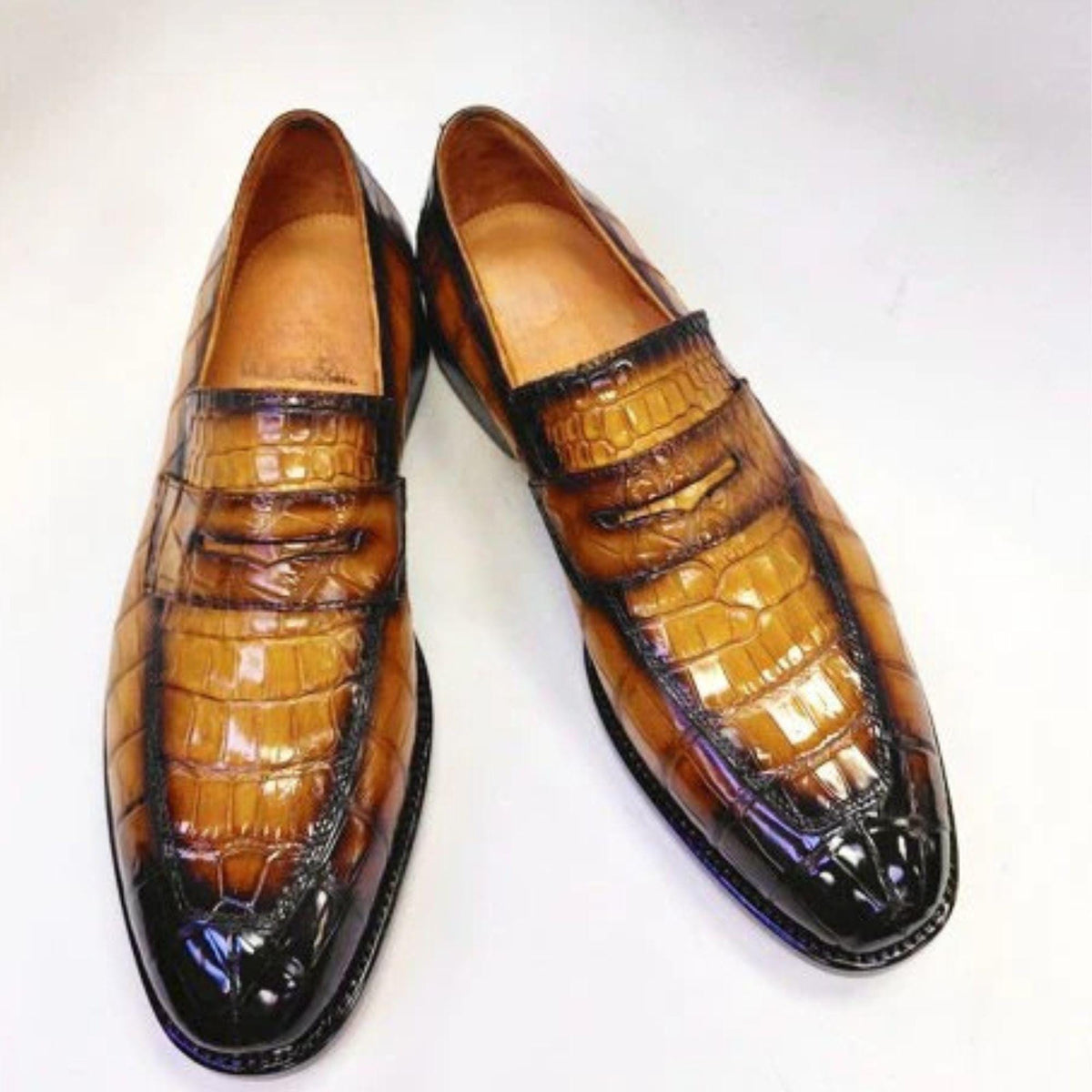 Alligator shoes Embossed Leather Loafers for Men | Cognac Brown Penny Loafers | Handmade Slip On Shoes