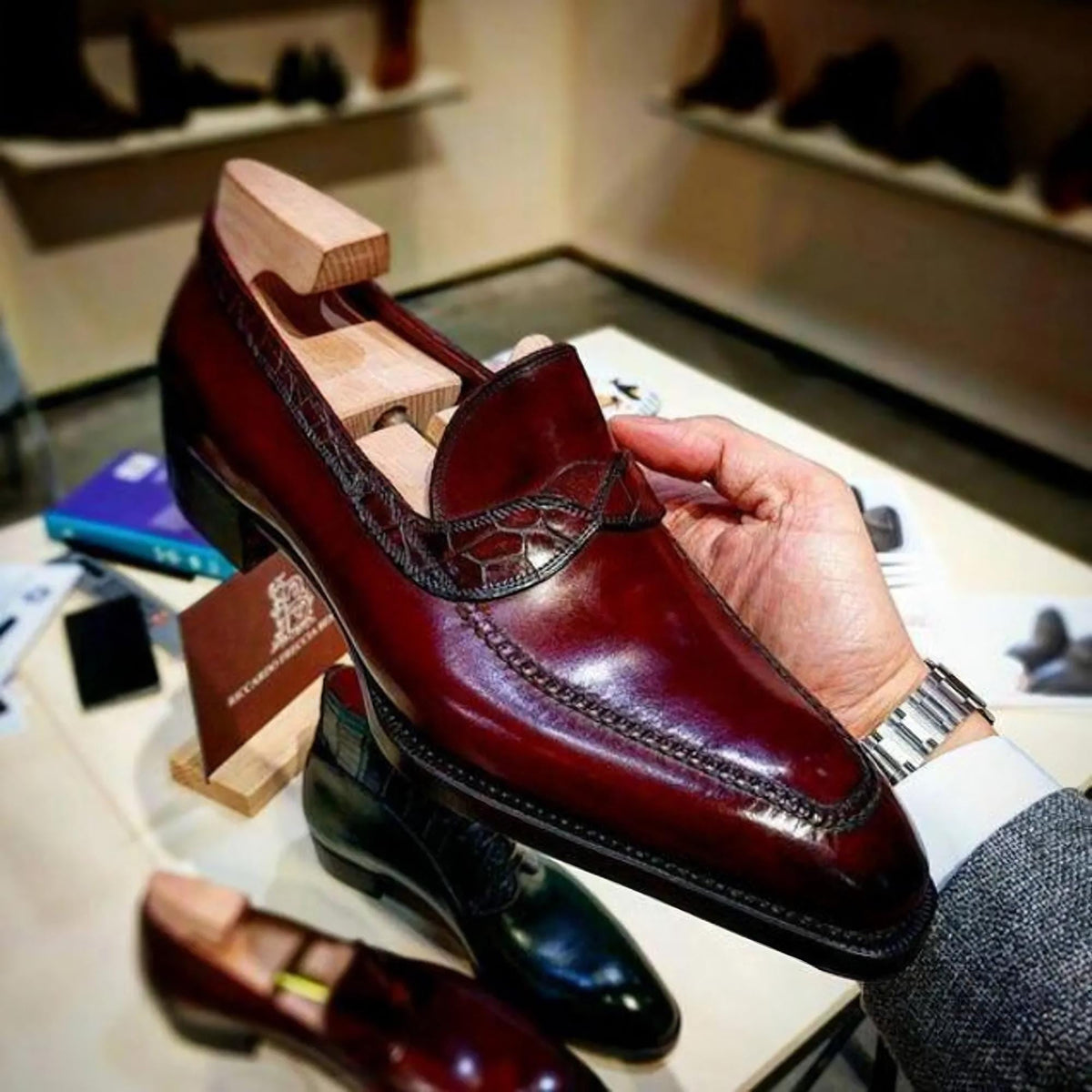 Handmade Mens Burgundy Penny Loafers | Exotic Leather Dress Shoes | Slip Ons Formal Footwear