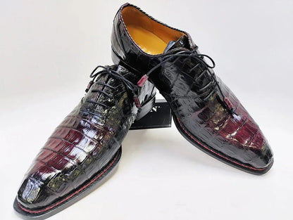 Handmade Embossed Crocodile Leather mens Oxfords | Burgundy Black Leather mens Dress Shoes | Custom Formal Lace Up Shoes