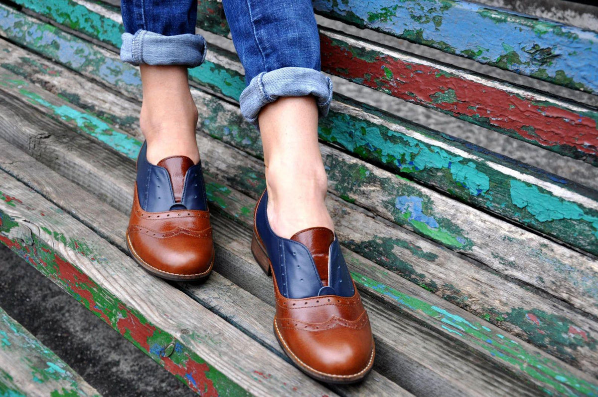 Handmade Customizable Women's Two Tone Brown & Navy Leather Oxford Shoes – womens leather Shoes