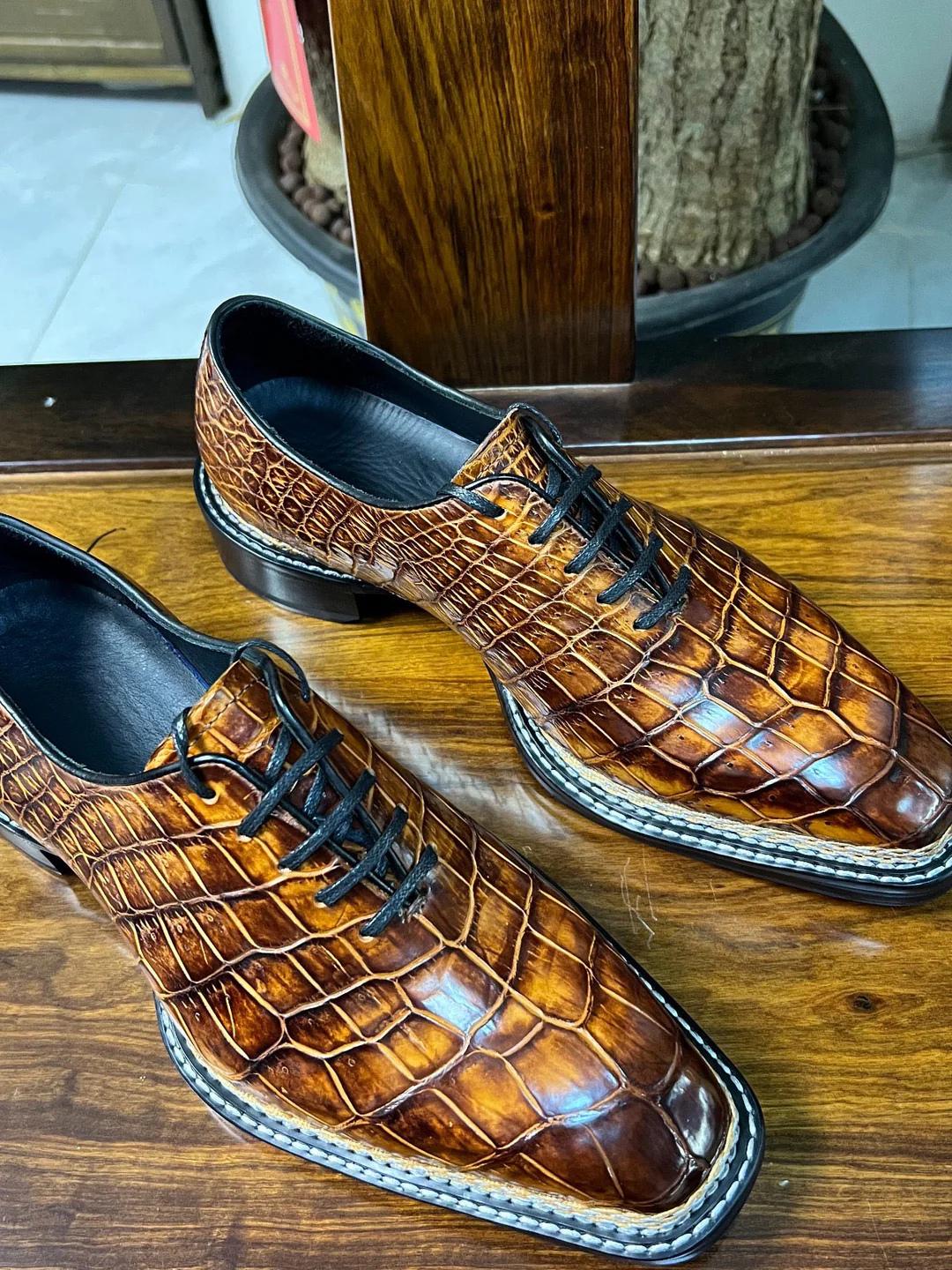 Handmade Cognac Alligator Embossed Leather Oxford Shoes for Men | Genuine Leather Lace Up mens Dress Shoes | Made to Order
