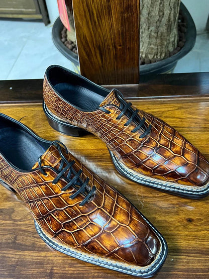 Handmade Cognac Alligator Embossed Leather Oxford Shoes for Men | Genuine Leather Lace Up mens Dress Shoes | Made to Order