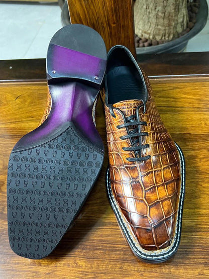 Handmade Cognac Alligator Embossed Leather Oxford Shoes for Men | Genuine Leather Lace Up mens Dress Shoes | Made to Order