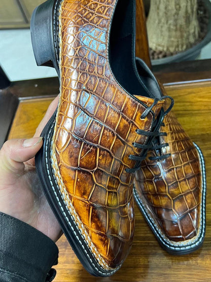 Handmade Cognac Alligator Embossed Leather Oxford Shoes for Men | Genuine Leather Lace Up mens Dress Shoes | Made to Order