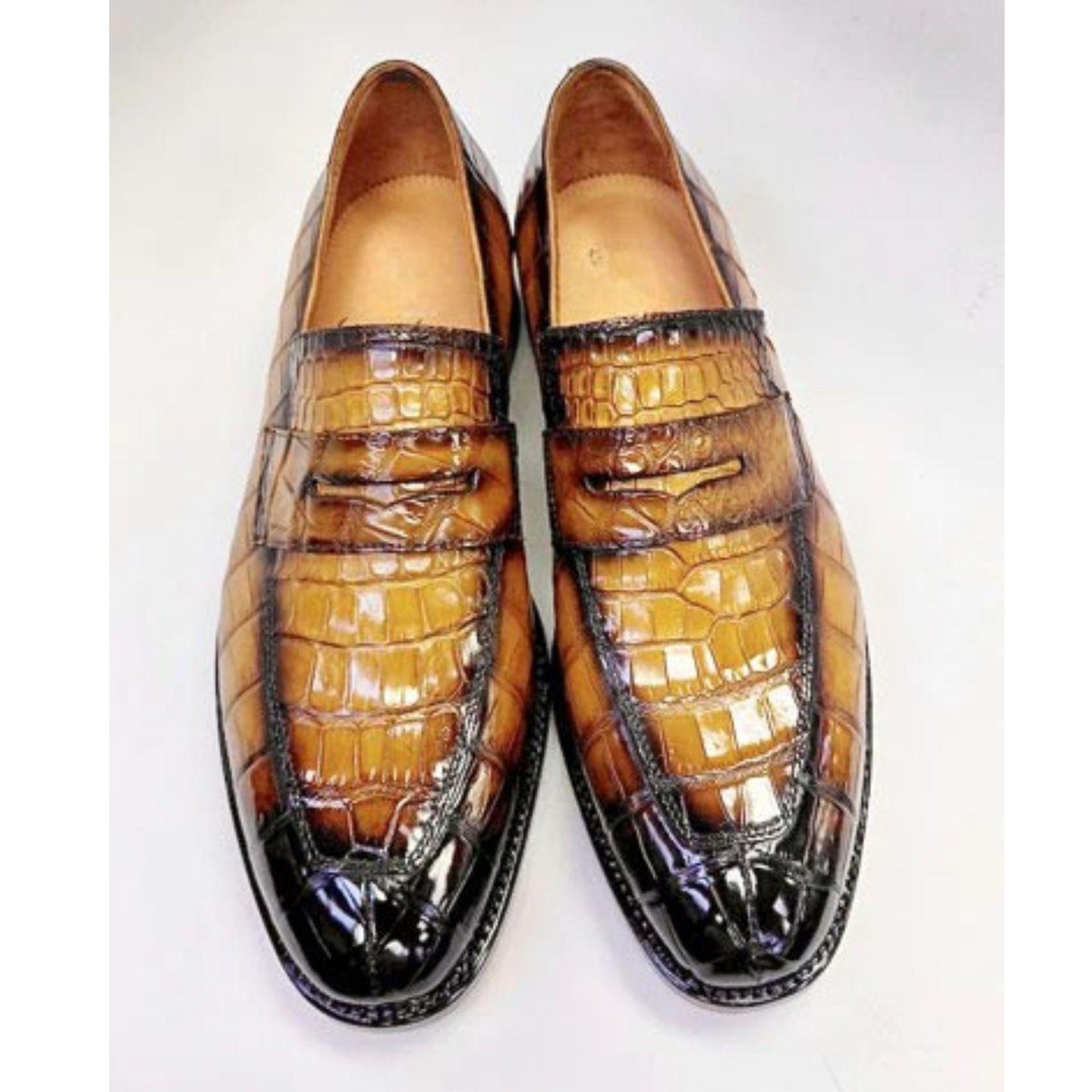 Alligator shoes Embossed Leather Loafers for Men | Cognac Brown Penny Loafers | Handmade Slip On Shoes