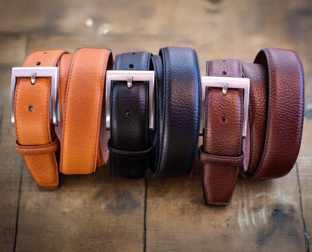 Handmade Leather Belts for Men | 3X Genuine Leather Dress Belt | Black Brown Tan Belt with Silver Buckle
