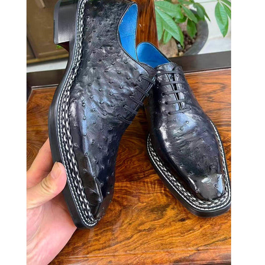 Handmade Black Ostrich Embossed Leather mens Oxfords Shoes | Genuine Leather mens Dress Shoes | Blue Leather Lining | Sialkot Crafted