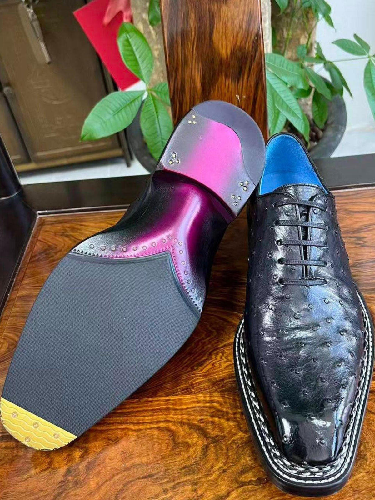 Handmade Black Ostrich Embossed Leather mens Oxfords Shoes | Genuine Leather mens Dress Shoes | Blue Leather Lining | Sialkot Crafted
