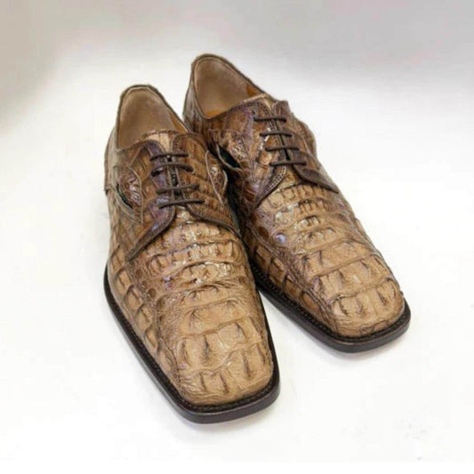 Camel Alligator Embossed mens Dress Shoes | Handmade Crocodile Pattern Lace Up Shoes | Exotic Style Derby Shoes