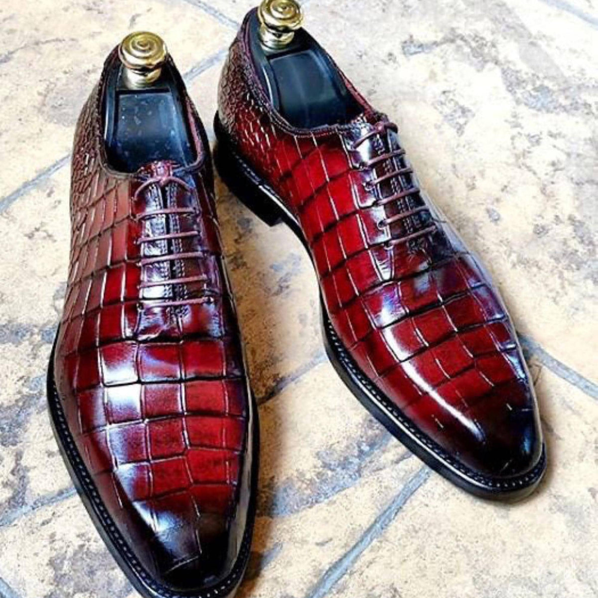 Handmade Burgundy Alligator-Embossed Leather Oxford Shoes for Men | Genuine Leather Dress Shoes | Croc Pattern | Sialkot Crafted