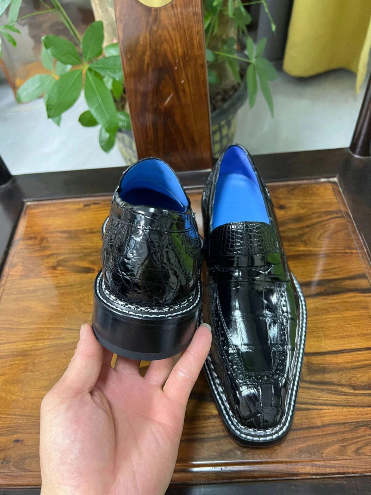 Handmade Black Alligator Embossed Leather Penny Loafers for Men | Brogue Toe Cap | Blue Lining leather shoes men| Sialkot Crafted