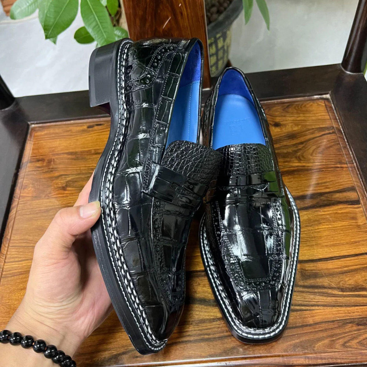 Handmade Black Alligator Embossed Leather Penny Loafers for Men | Brogue Toe Cap | Blue Lining leather shoes men| Sialkot Crafted