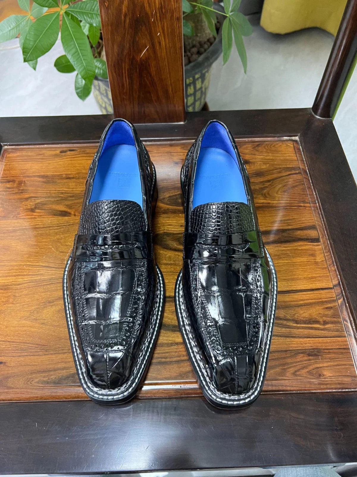 Handmade Black Alligator Embossed Leather Penny Loafers for Men | Brogue Toe Cap | Blue Lining leather shoes men| Sialkot Crafted