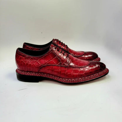 Handmade Red Crocodile Embossed Leather Wingtip Oxford Shoes for Men | Brogue Dress Shoes | Wedding Shoes