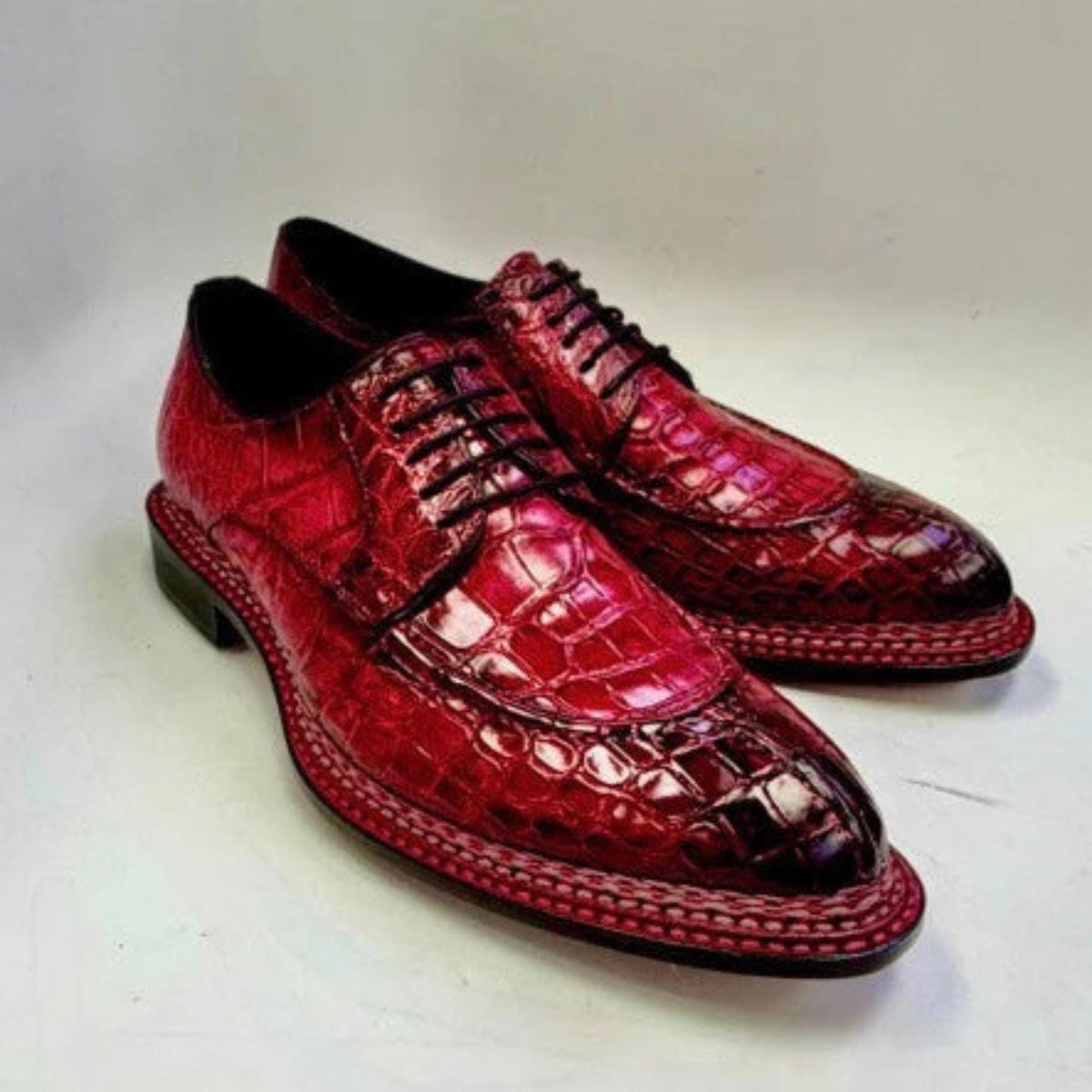 Handmade Red Crocodile Embossed Leather Wingtip Oxford Shoes for Men | Brogue Dress Shoes | Wedding Shoes