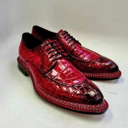 Handmade Red Crocodile Embossed Leather Wingtip Oxford Shoes for Men | Brogue Dress Shoes | Wedding Shoes