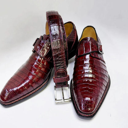 Handmade Burgundy Crocodile Embossed Leather Monk Strap Shoes for Men | Matching Belt Available | Sialkot Crafted