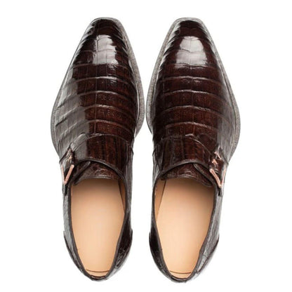 Brown Crocodile Embossed Leather Monk Strap Shoes with Rose Gold Buckle | Handmade Genuine Leather Men's Dress Shoes
