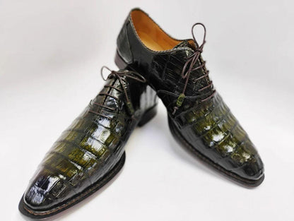 Handmade Black Crocodile Embossed Leather mens Oxfords shoes   | Custom Lace Up mens Dress Shoes | Formal Wedding Shoes