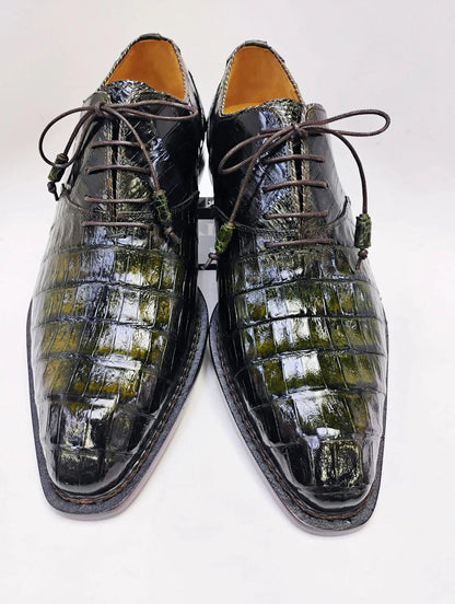 Handmade Black Crocodile Embossed Leather mens Oxfords shoes   | Custom Lace Up mens Dress Shoes | Formal Wedding Shoes