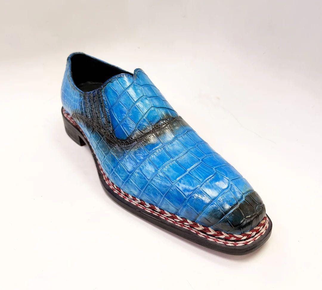 Blue Patina Alligator Embossed Leather Loafers for Men, Handmade Genuine Leather Slip Ons with Braided Sole Trim