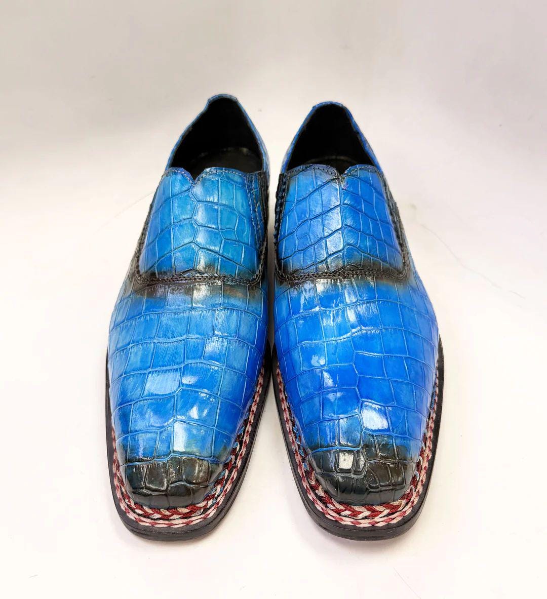Blue Patina Alligator Embossed Leather Loafers for Men, Handmade Genuine Leather Slip Ons with Braided Sole Trim