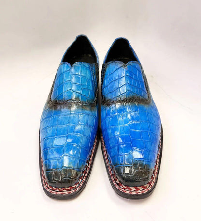 Blue Patina Alligator Embossed Leather Loafers for Men, Handmade Genuine Leather Slip Ons with Braided Sole Trim