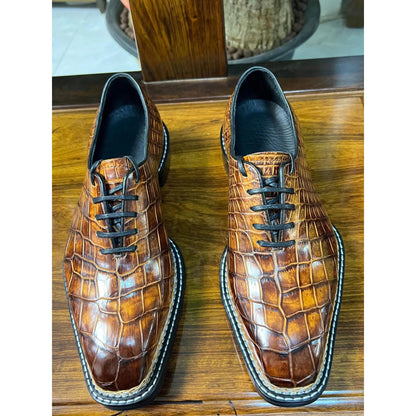 Handmade Cognac Alligator Embossed Leather Oxford Shoes for Men | Genuine Leather Lace Up mens Dress Shoes | Made to Order