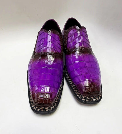 Handmade Purple Genuine Alligator Leather Loafers for Men, Square Toe Penny Loafers, Luxury Slip On mens Dress Shoes, Exotic Leather Shoes