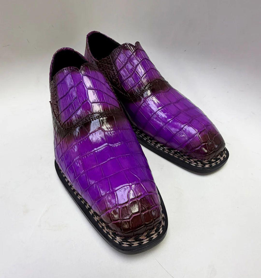 Handmade Purple Genuine Alligator Leather Loafers for Men, Square Toe Penny Loafers, Luxury Slip On mens Dress Shoes, Exotic Leather Shoes