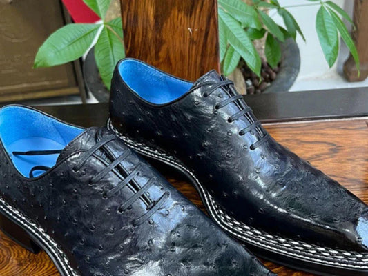 Handmade Black Ostrich Embossed Leather mens Oxfords Shoes | Genuine Leather mens Dress Shoes | Blue Leather Lining | Sialkot Crafted