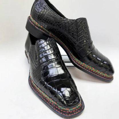 Handmade Black Alligator Embossed Leather Slip On mens Dress Shoes Square Toe mens Loafers, Full Grain Leather Shoes men