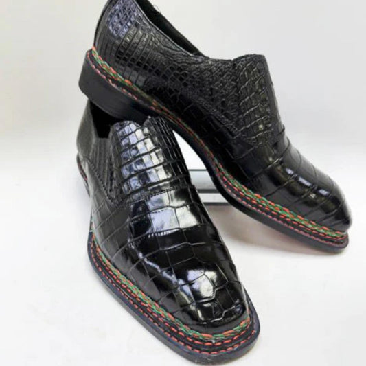 Handmade Black Alligator Embossed Leather Slip On mens Dress Shoes Square Toe mens Loafers, Full Grain Leather Shoes men