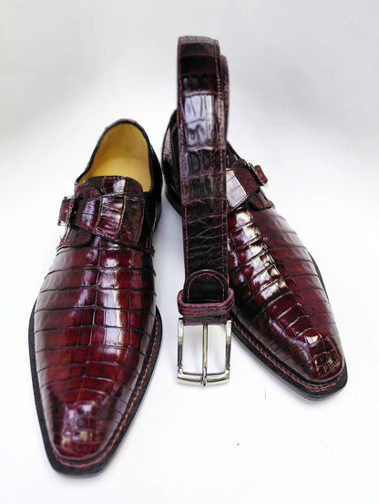 Handmade Burgundy Crocodile Embossed Leather Monk Strap Shoes for Men | Matching Belt Available | Sialkot Crafted