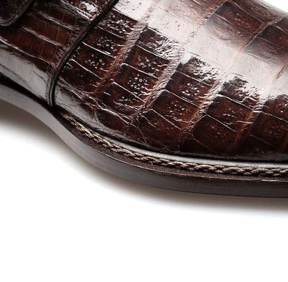 Brown Crocodile Embossed Leather Monk Strap Shoes with Rose Gold Buckle | Handmade Genuine Leather Men's Dress Shoes