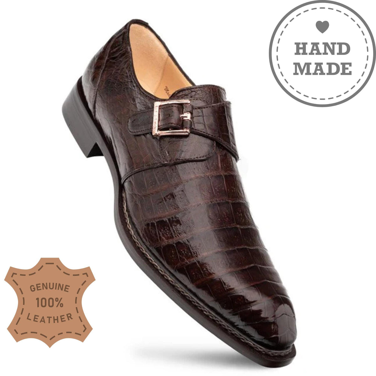 Brown Crocodile Embossed Leather Monk Strap Shoes with Rose Gold Buckle | Handmade Genuine Leather Men's Dress Shoes