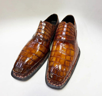 Handmade Embossed alligator shoes mens Loafers , Croc Pattern Slip Ons mens Dress Shoes, Square Toe Formal Shoes, Custom Made Shoes