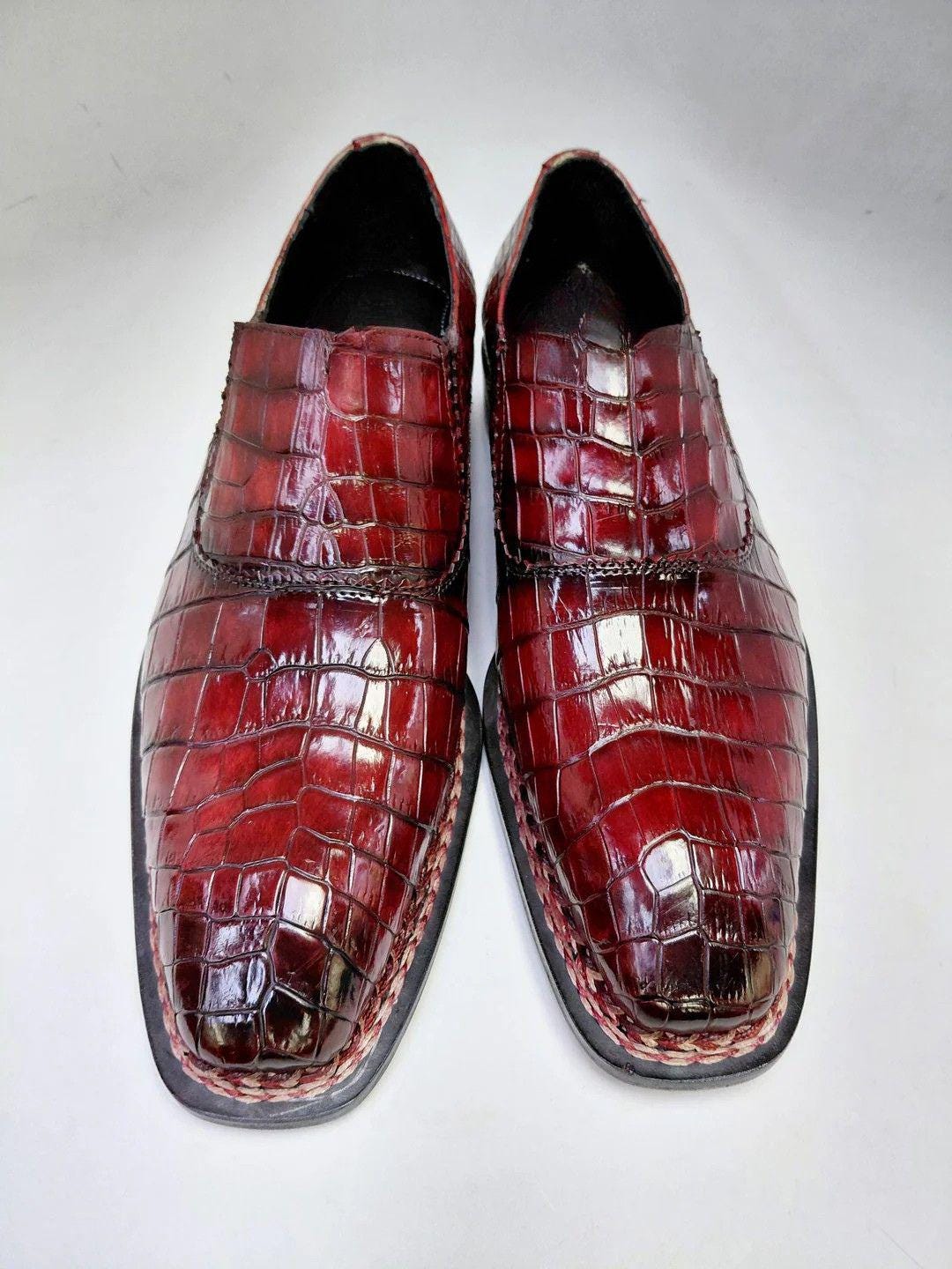 Handmade Alligator shoes  Embossed Leather Loafers, Croc Pattern Slip On mens Dress Shoes, Square Toe Formal Shoes, leather Shoes men