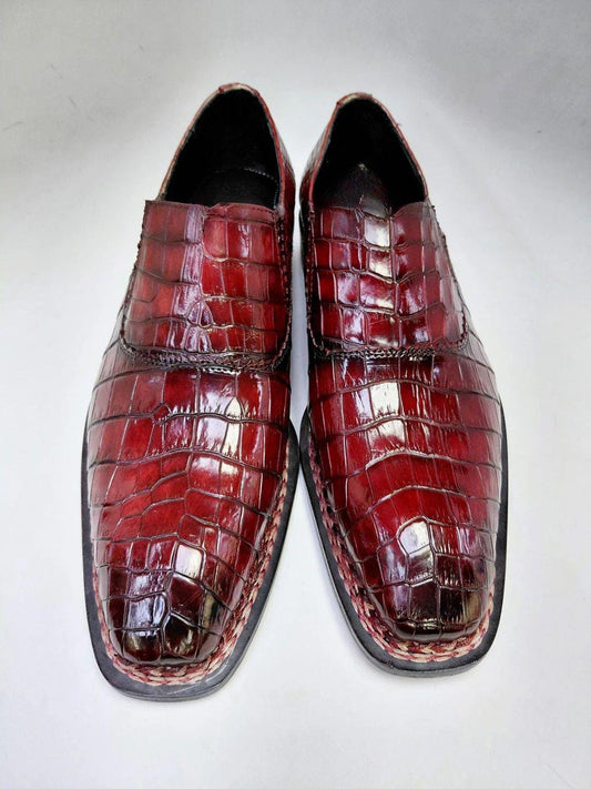 Handmade Alligator shoes  Embossed Leather Loafers, Croc Pattern Slip On mens Dress Shoes, Square Toe Formal Shoes, leather Shoes men