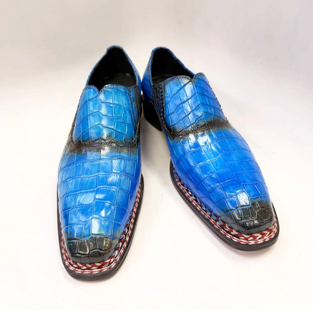 Blue Patina Alligator Embossed Leather Loafers for Men, Handmade Genuine Leather Slip Ons with Braided Sole Trim