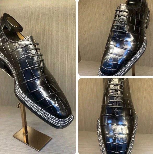 Handmade Black Alligator Pattern Leather Derby Shoes for Men, Lace Up mens Dress Shoes, Square Toe Formal Leather Shoes