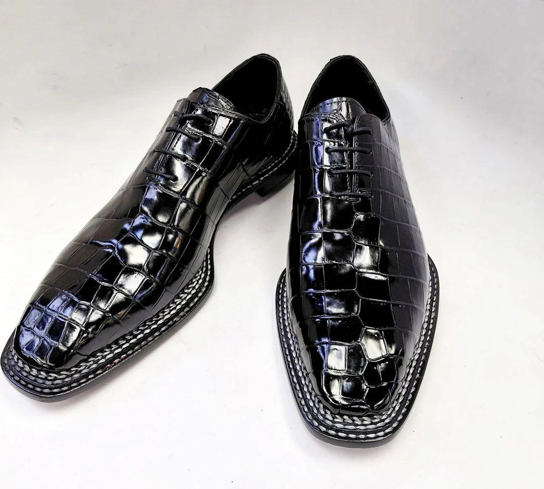 Handmade Black Alligator Pattern Leather Derby Shoes for Men, Lace Up mens Dress Shoes, Square Toe Formal Leather Shoes