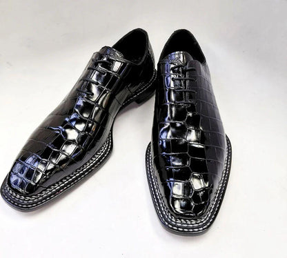 Handmade Black Alligator Pattern Leather Derby Shoes for Men, Lace Up mens Dress Shoes, Square Toe Formal Leather Shoes