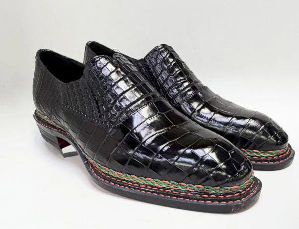 Handmade Black Alligator Embossed Leather Slip On mens Dress Shoes Square Toe mens Loafers, Full Grain Leather Shoes men